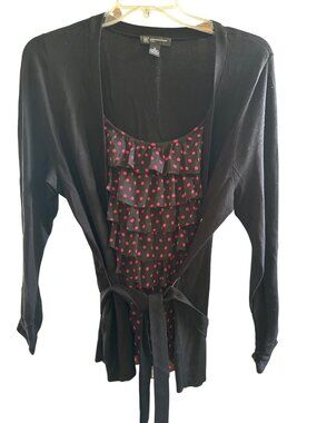 INC International Concepts Black & Pink Polka Dot Ruffle Knit Cardigan Sweater